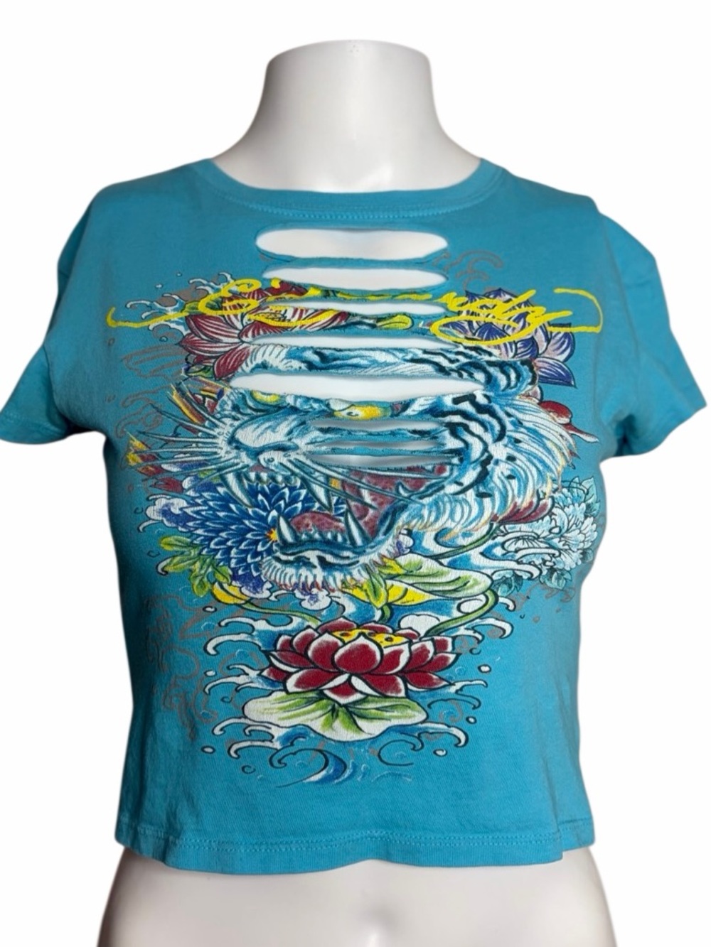 Ed Hardy Teal Graphic Tiger Cutout Crop Top Small
